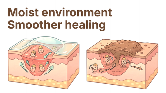 Gemini said An illustration comparing wound healing. On the left, a hydrocolloid bandage creates a moist environment for easy repair. On the right, a dry scab makes healing more difficult for the cartoon "worker" cells.