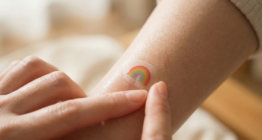 A close-up of a person's arm with a small, circular bandage featuring a colorful rainbow design applied over a minor scratch. Two fingers are gently pressing down on the edges of the bandage.