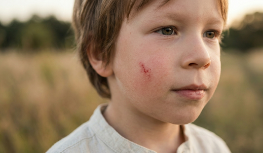A medium close-up of a young boy looking off to the side with a small, fresh scratch on his cheek. He is outdoors in a field with a soft, blurred natural background at sunset.