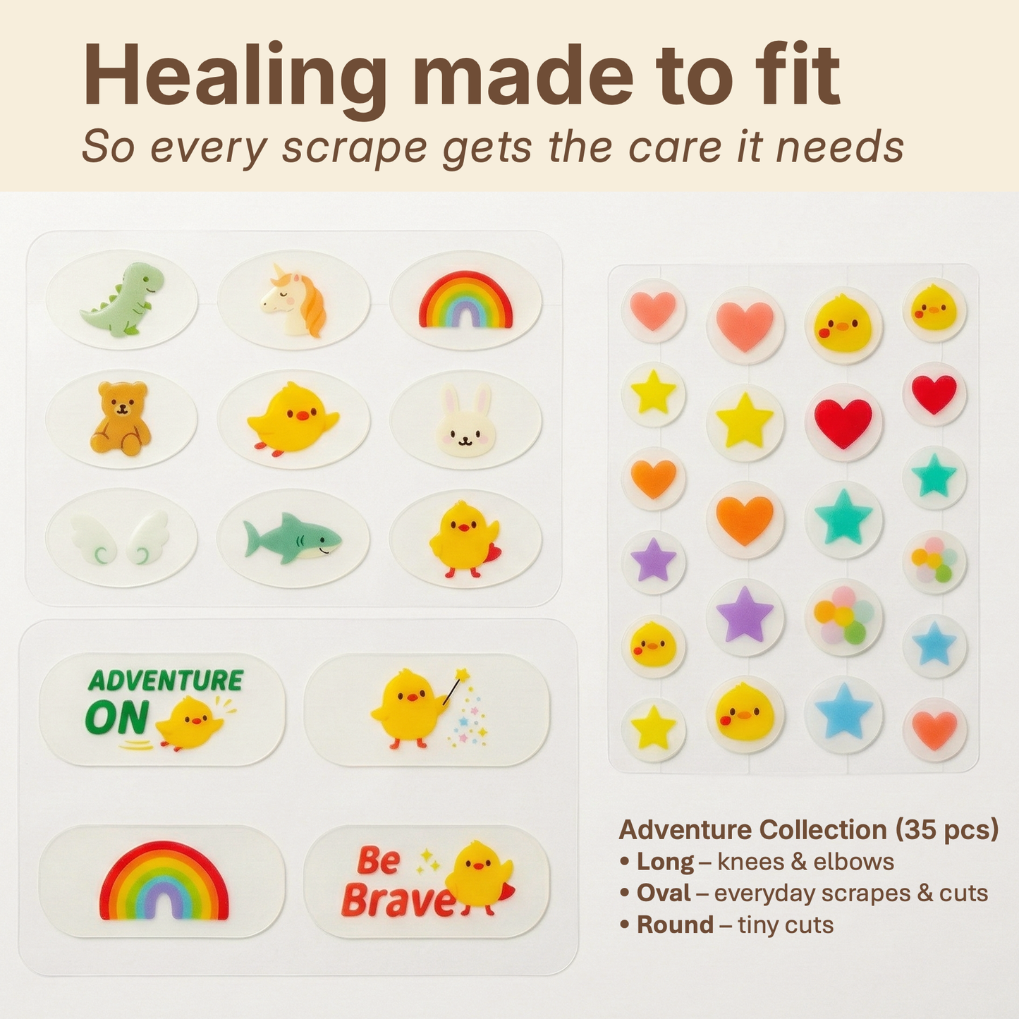 Assorted hydrocolloid bandage sizes for kids designed to fit different wounds