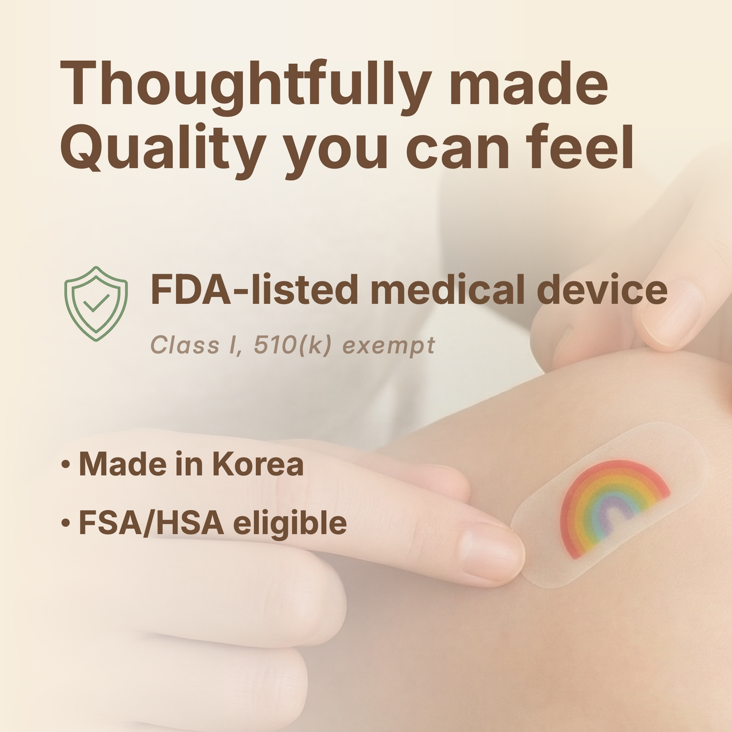Hand holding a medical device with rainbow design, labeled as an FDA-listed medical device made in Korea.