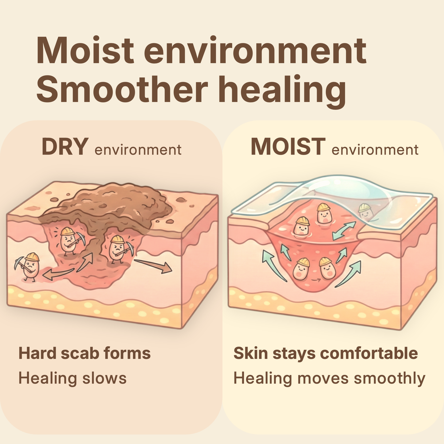 Diagram showing how hydrocolloid bandages create a moist healing environment