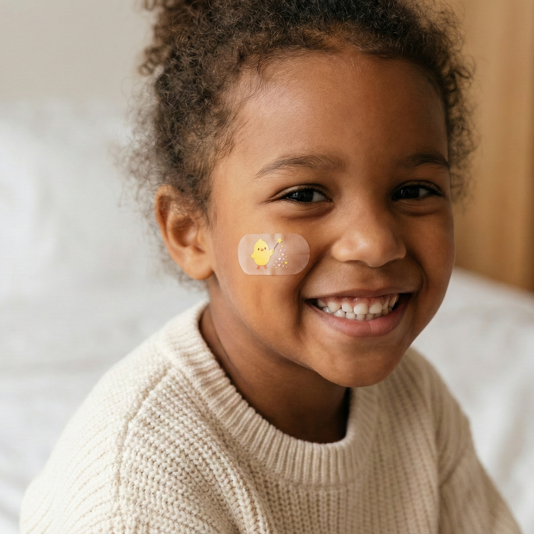Child smiling while wearing a hydrocolloid bandage for kids