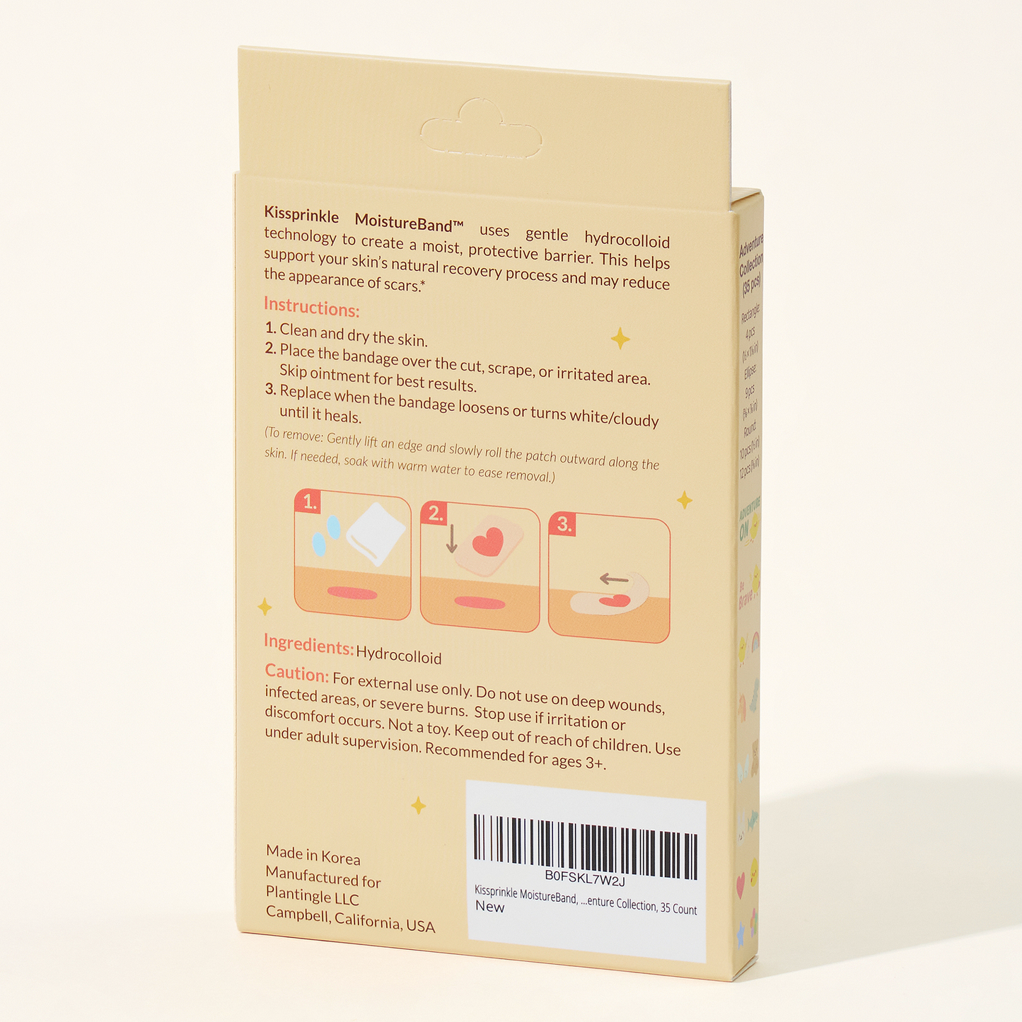 Back of MoistureBand hydrocolloid bandages for kids package with usage instructions